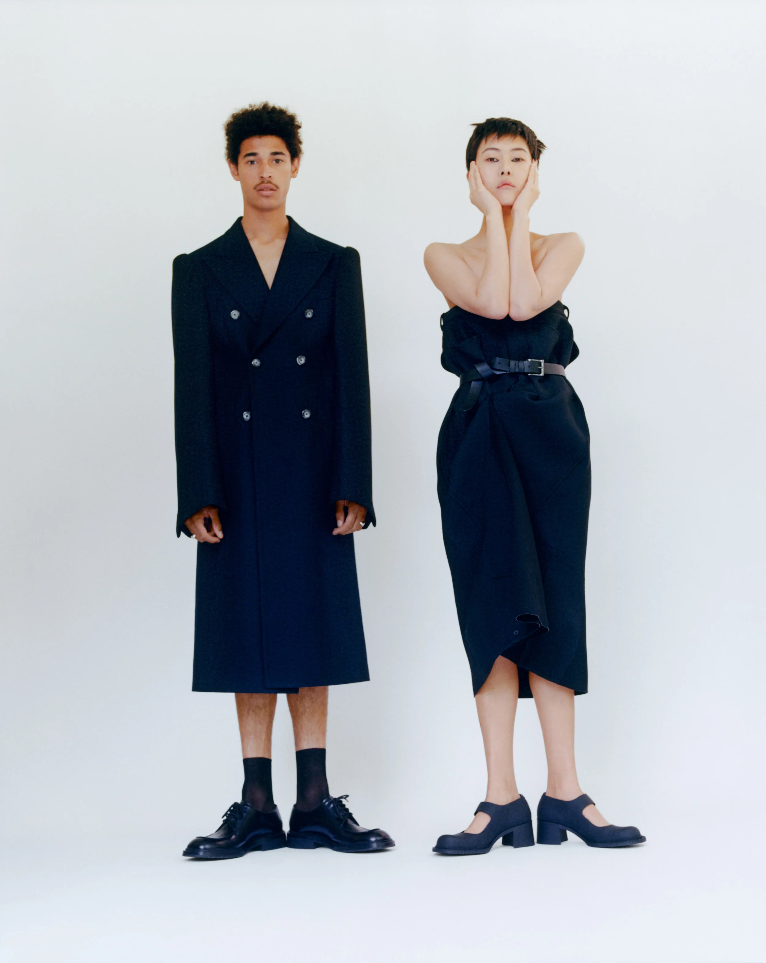 MAISON MARGIELA NAVY WOOL COAT + BLACK TWILL STRAPLESS DRESS + BLACK LEATHER BELT + BLACK RUBBER MARY JANE PUMPS.jpg
