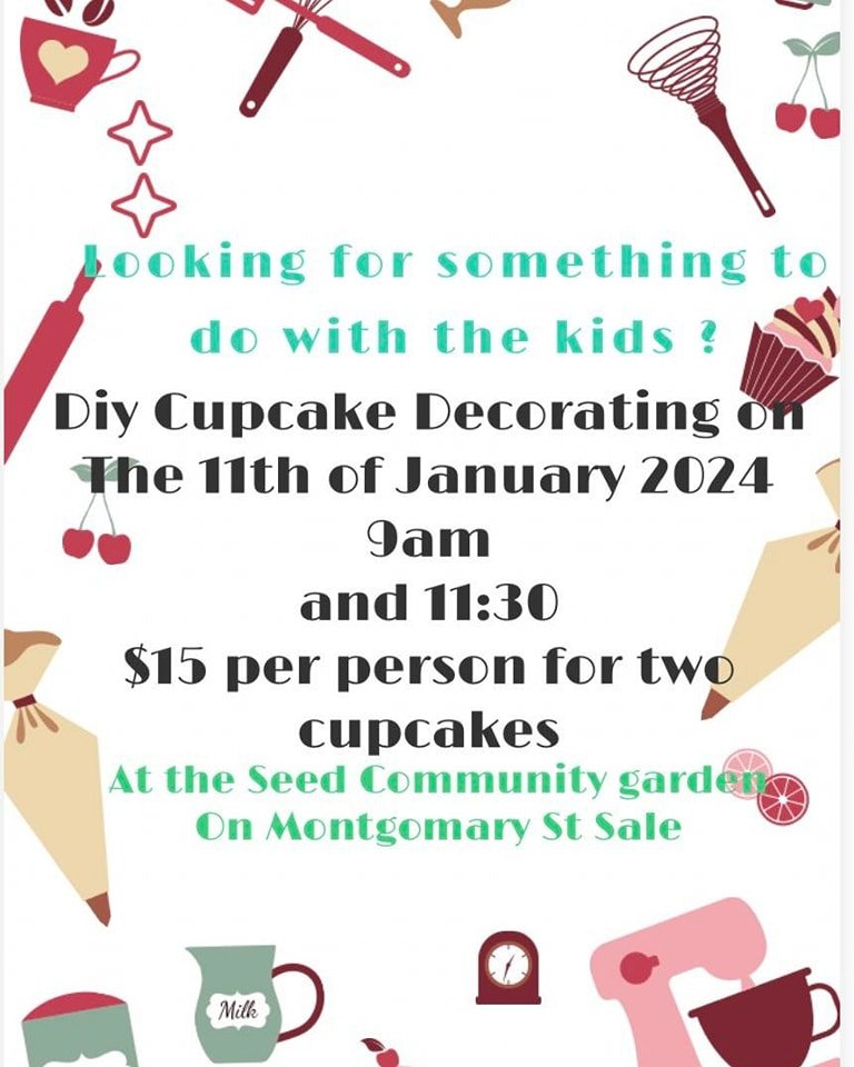 🧁Looking for something to do this week?!🧁

Sasha&rsquo;s Bakes are running a school holiday cupcake decorating activity at Seed Community Garden THIS Thursday, 11th of January. Two seperate sessions- 9am and 11. See flyer for details.

Bookings via