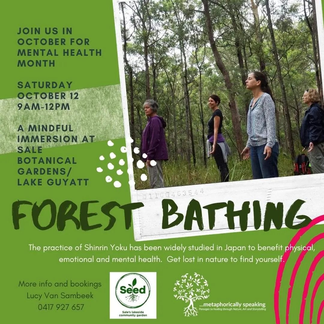 🌲🌳🍃The medicine of the forest is waiting! 🌲🌳🍃

Come and experience the practice of Shinrin Yoku (or Forest Bathing) at Sale Botanic Gardens. This is a FREE event during Mental Health Month.

Find out more here www.metaphoricallyspeaking.com.au/