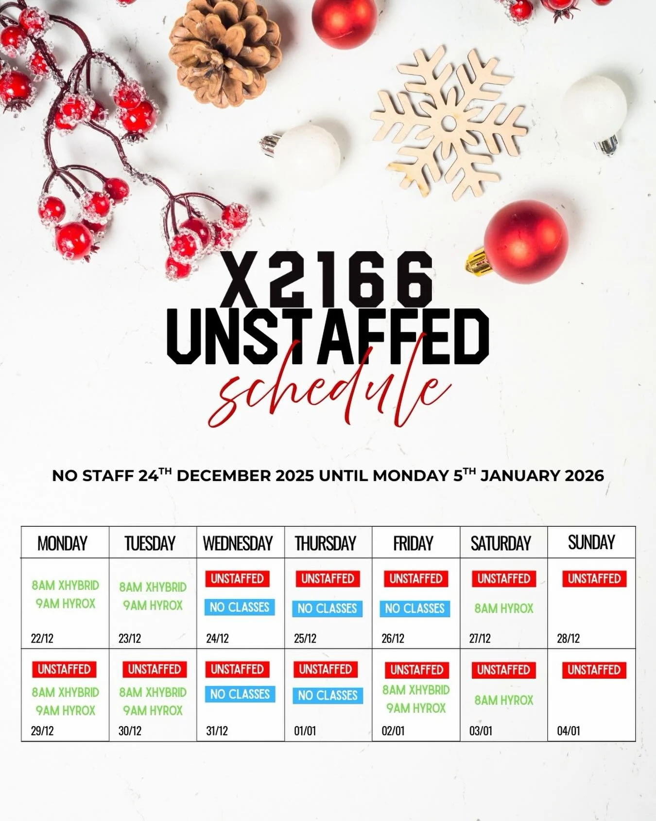 Please see our STAFFED DAYS and CLASS timetable over the Holiday Season 🎄🎉

All classes displayed will be accessible to ALL MEMBERS over the break 🙌  and members with a FOB key will still get 24/7 access when we are not staffed. 

We will also be 