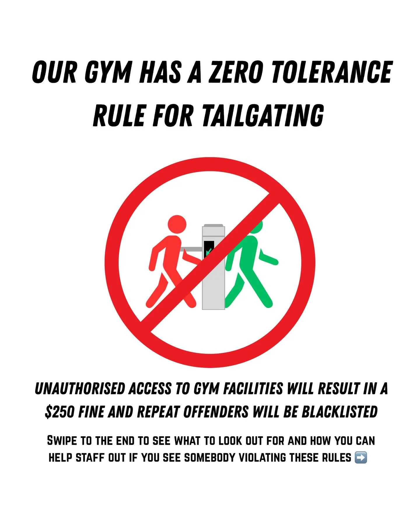 Have you seen any tailgating offences at our gym recently? 👀 

Swipe to see what to avoid and how you can help us out if you see something that may go against our guidelines 🫡✅