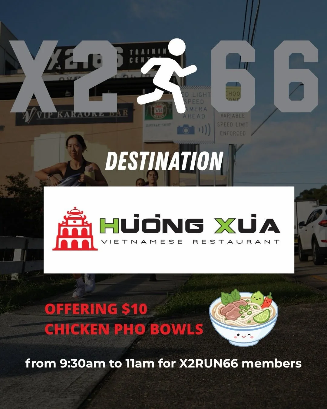 Our first X2RUN66 destination drop 🔥

A big thank you to Huong Xua Canley Heights for coming on board as our first collaborator on Saturday 2nd May 9am.

All registered runners will be rewarded with $10 pho waiting at the finish line.

Hit the link 