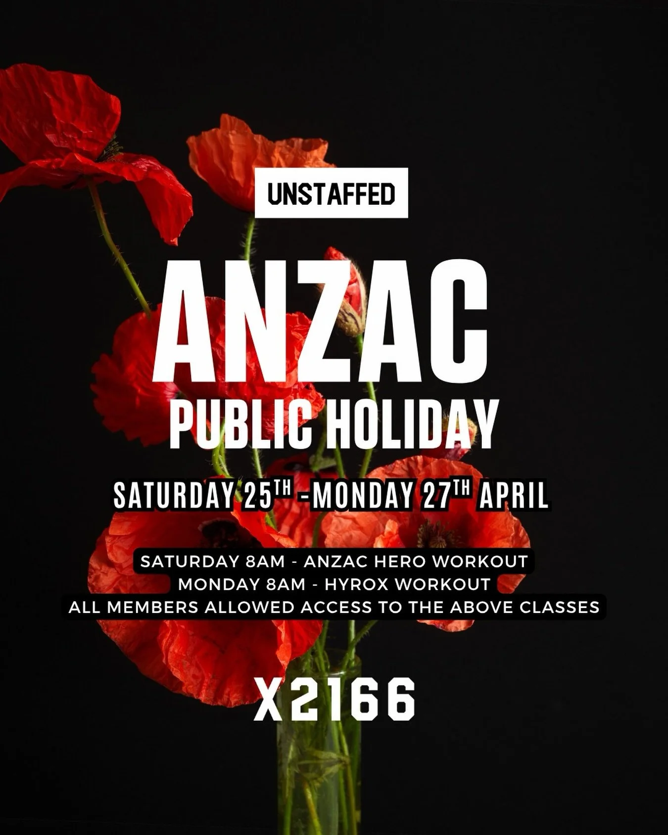 We will be unstaffed this ANZAC long weekend.

ANZAC Hero Workout &ndash; Saturday 8AM
HYROX &ndash; Monday 8AM

Please don&rsquo;t forget to book in!

We will be back to our regular staffed hours from Tuesday the 28th of April.