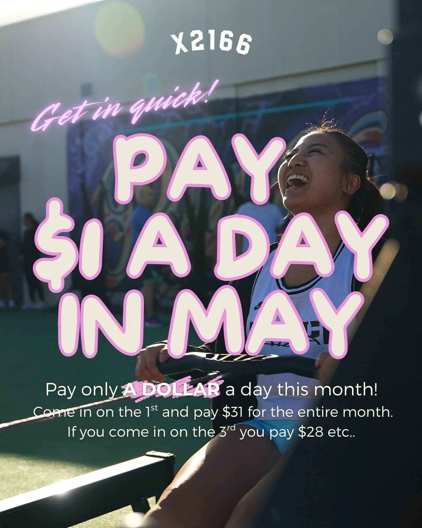 💸 $1 A DAY?! YES, YOU READ THAT RIGHT!

✨ ONLY FOR THE MONTH OF MAY ✨ 
✨ Come in on the 1st &rarr; pay just $31 for the entire month
✨ Come in on the 3rd &rarr; only $28 
✨ Start whenever you want, just don&rsquo;t wait too long or you&rsquo;ll miss