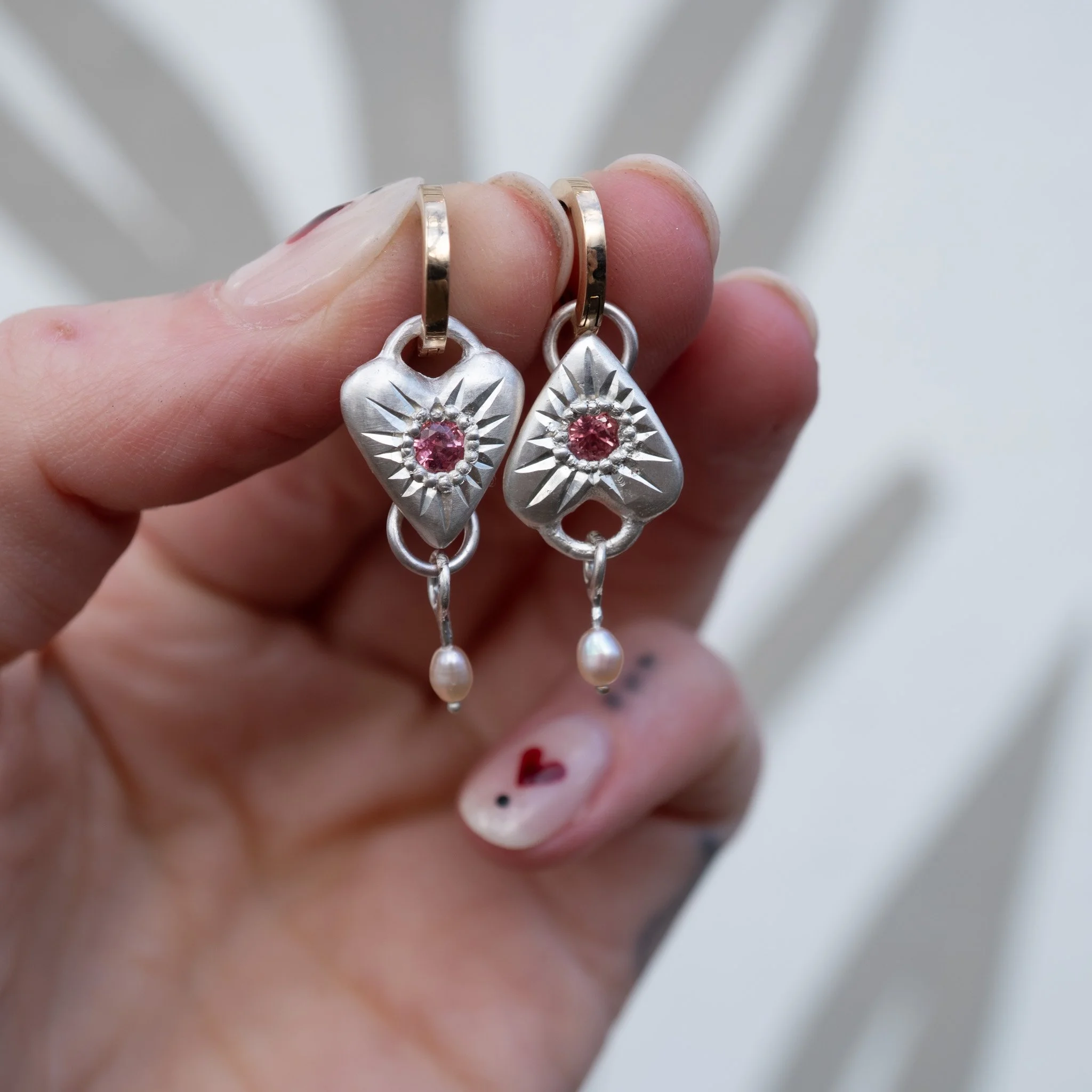 Pink Sapphire Heart Hoops