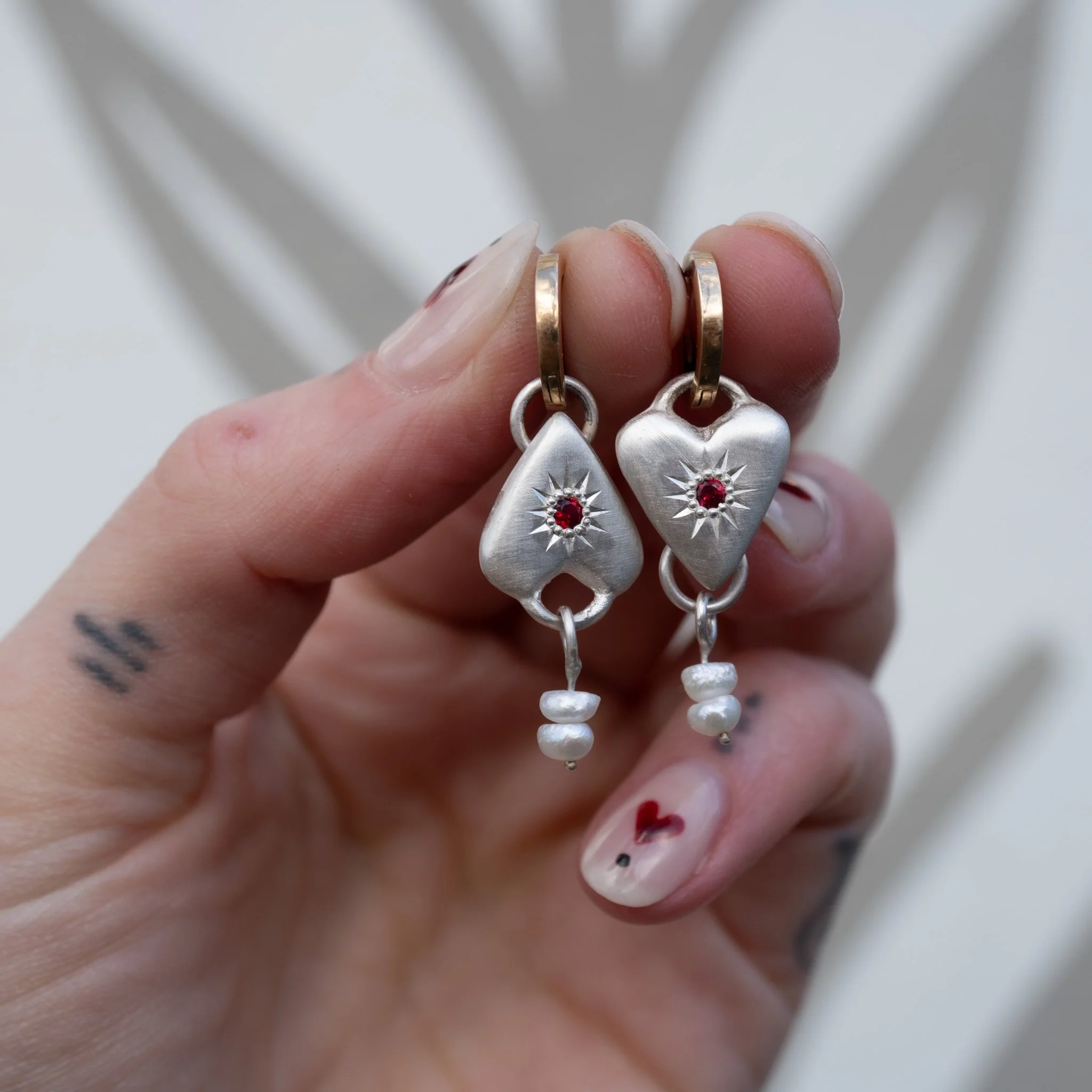 Red Sapphire Heart Hoops