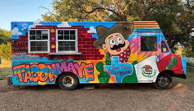 Side one complete! This might be the most fun taco truck of all time!  Thank you so much @taconmaye for commissioning us.  Go check out their tacos in Georgetown @southforkgtx and give them both a follow. Stay tuned for the rest of the truck 😀 Paint