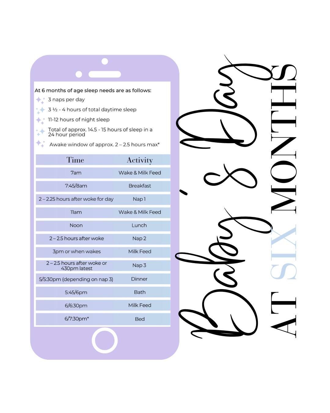 SAVE this sample 6 month old sleep schedule ✨⁠
⁠
Looking for a sample schedule that&rsquo;s easy to work with to schedule feeds, sleep times and meal times (if your baby has started solids). This one is for you 🙌🏻⁠
⁠
⭐ Wakes for day between 6 - 7:3