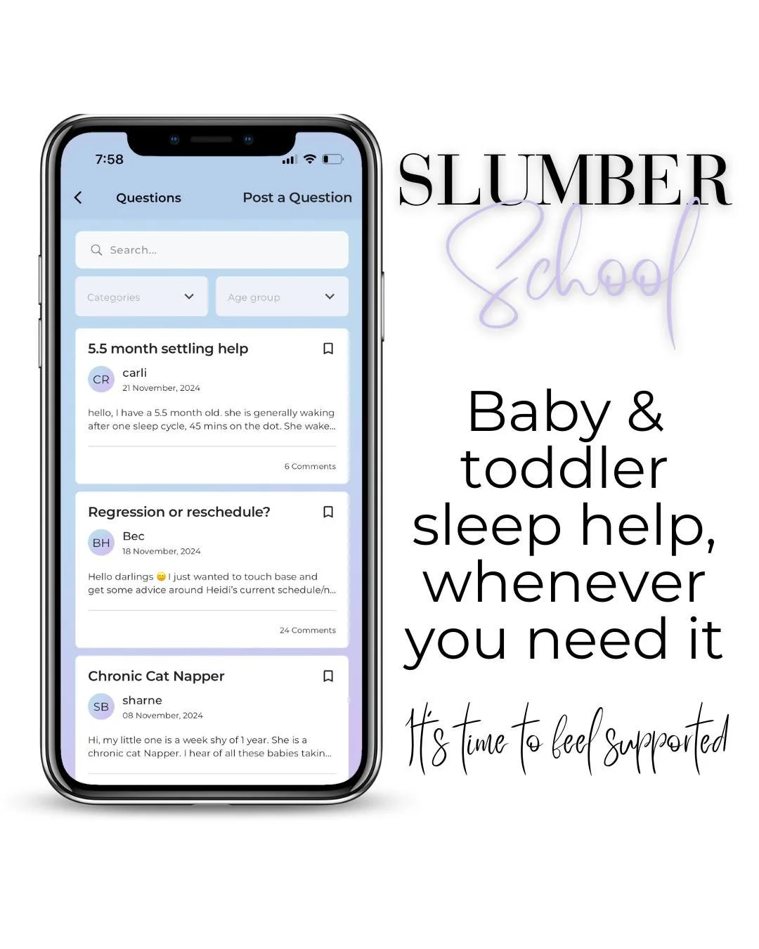 Slumber School 😴⁠
⁠
A place created that makes you feel supported and like you aren't alone trying to figure out this thing called sleep.⁠
⁠
A place where you can ask questions withOUT having to search the internet for answers... that are often inco