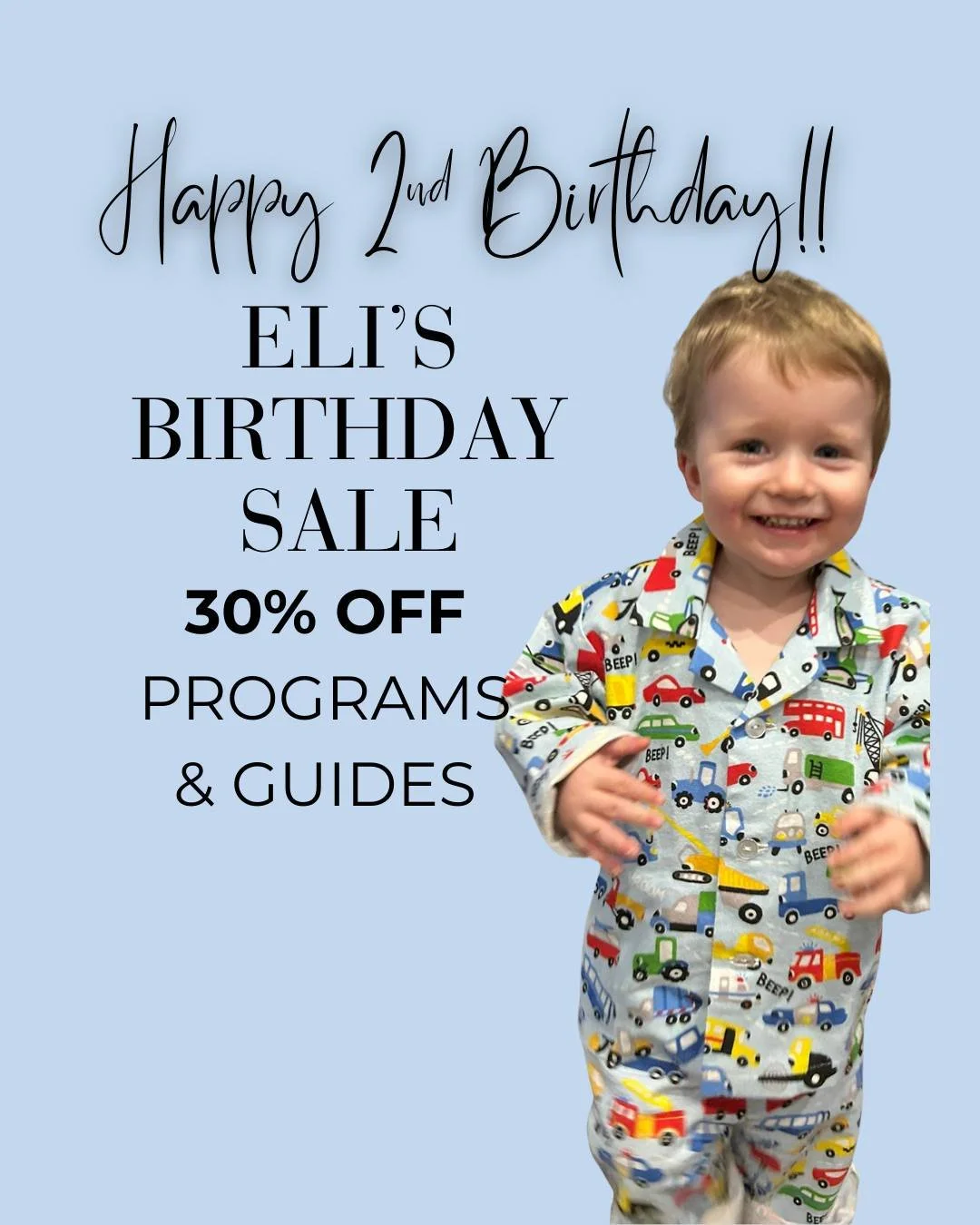 It's SALE time!! ⁠
⁠
To celebrate Eli's 2nd birthday this week, we're taking 30% OFF all Slumber Programs and Slumber Guides. ⁠
⁠
With all of our programs and guides you get:⁠
⁠
⭐️ Lifetime access through the Slumber &amp; Sprout Sleep App⁠
⁠
⭐️ Gent