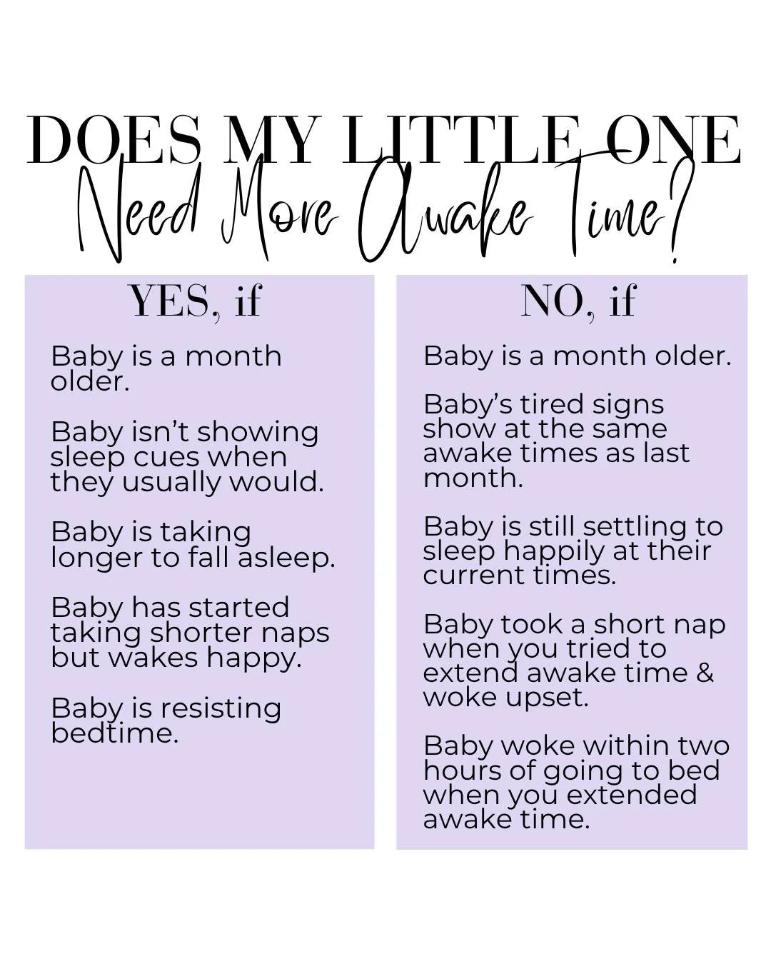 How do you know when it&rsquo;s time to increase awake time? 👶⌛

Firstly, FOLLOW for more helpful posts!

Awake time includes any time baby is awake, including feeding and wind-down time between one sleep to the next. As our little cherubs get older
