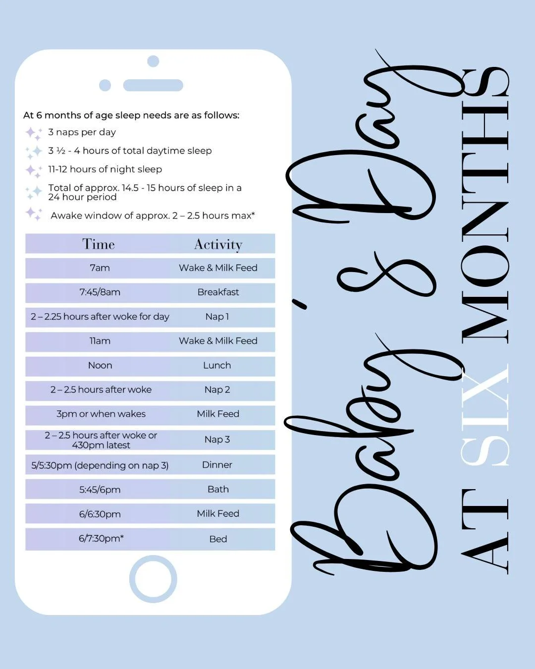 SAVE this sample 6 month old sleep schedule ✨

Looking for a sample schedule that&rsquo;s easy to work with to schedule feeds, sleep times and meal times (if your baby has started solids). This one is for you 🙌🏻

⭐ Wakes for day between 6 - 7:30am
