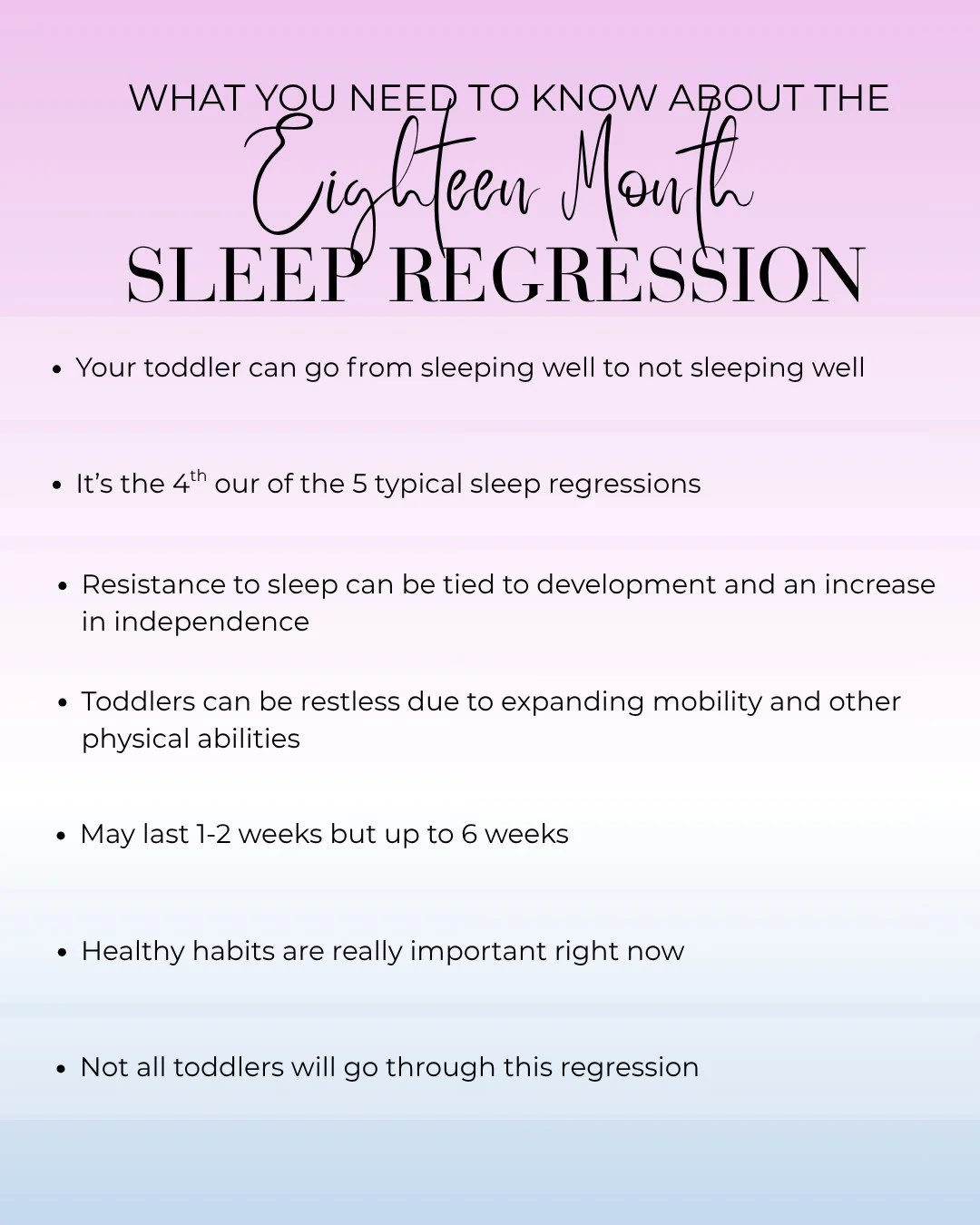 Is your toddler around 18 months and suddenly fighting sleep? 😴

It could be the 18-month sleep regression.

In summary:

💭 Your toddler goes from sleeping well to&hellip; not so well.
💭 It&rsquo;s the 4th of the 5 common regressions.
💭 Resistanc