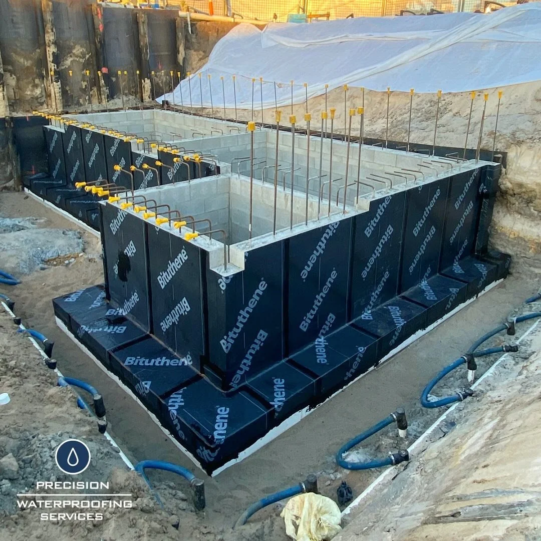 Stage 2 of this basement - GCP Bituthene 3000 self adhesive sheet membrane installed to the external walls of the tanks & lift well. 
Late night session on the last day getting this one over the line 💪🏼