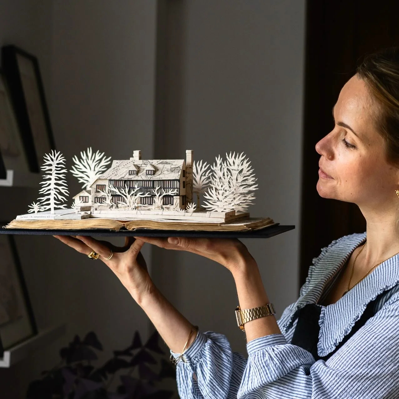 The moment a model is finished and I&rsquo;m about to take it to the framers ✨🖤. 
This was of a beautiful Tudor Manor House, surrounded by terraced gardens, including a magnificent moat. Such a lovely piece to make for a family that had lived there 