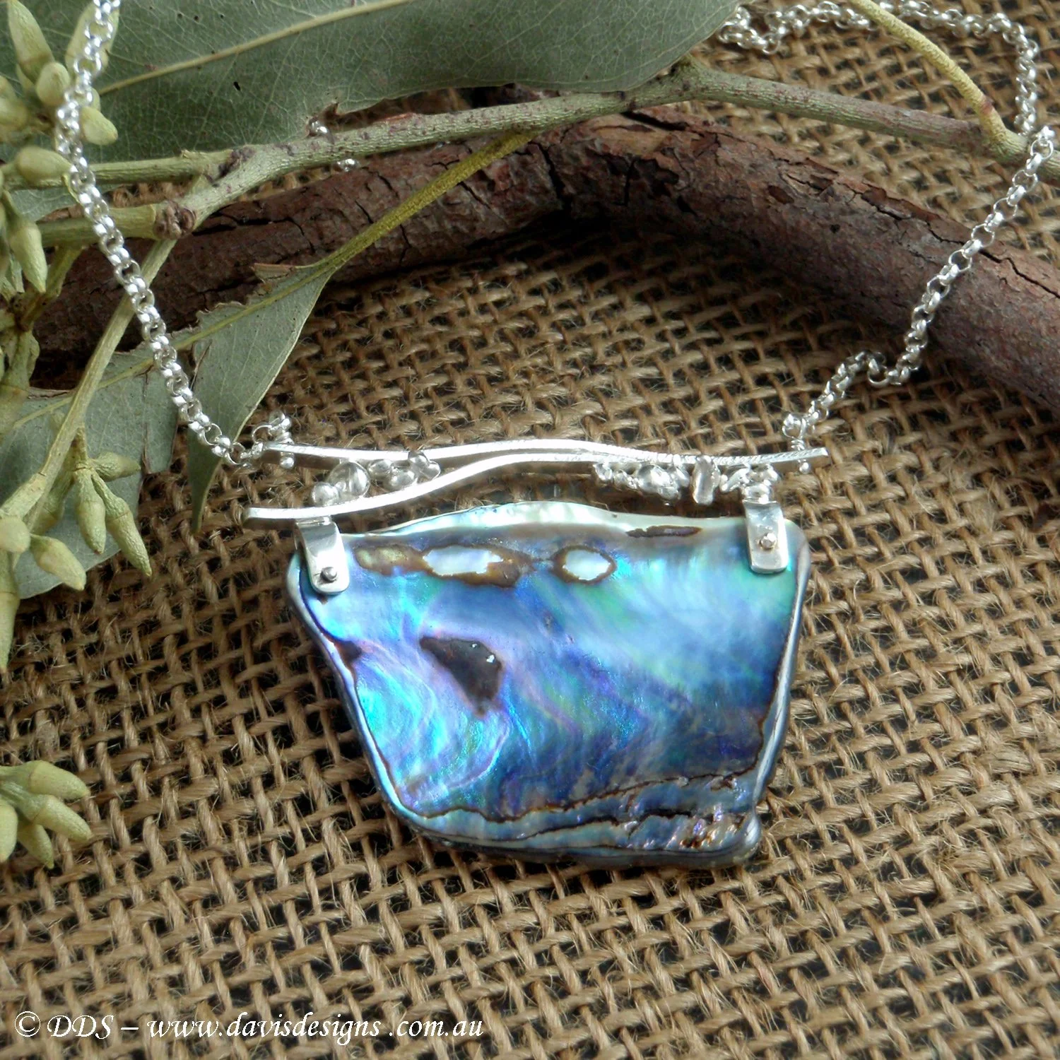 Handmade solid sterling silver Paua shell necklace 925 Davis Design Studio