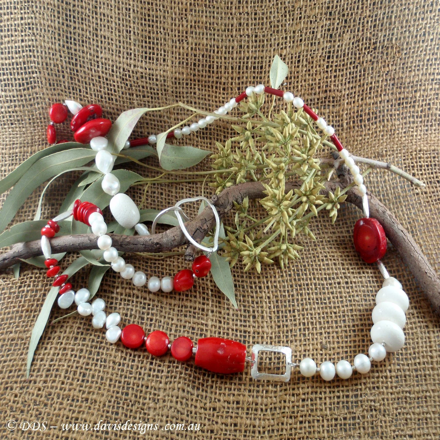 Red and White Semi-Precious Stone Necklace (925)