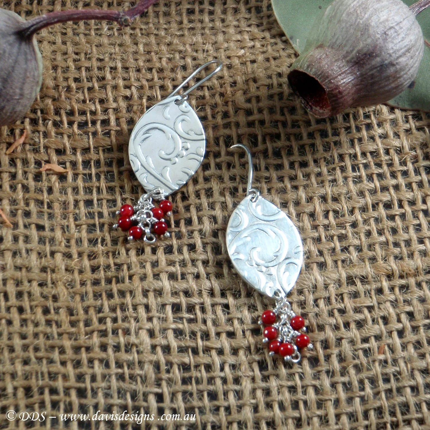 Red Coral & Sterling silver Vine print Marquise hook earrings (925)