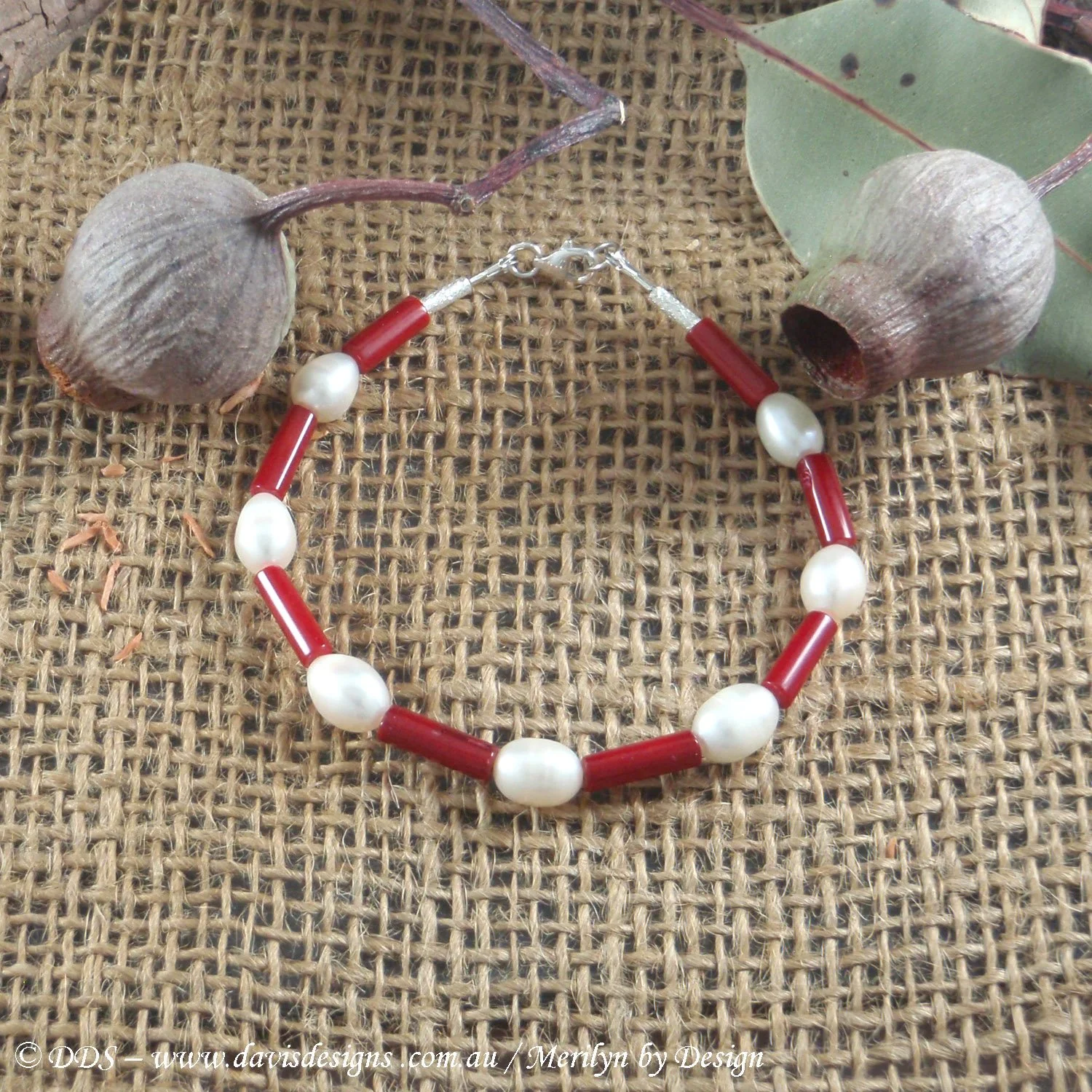White Rice Fresh Water Pearl and Red Coral Bracelet (925)