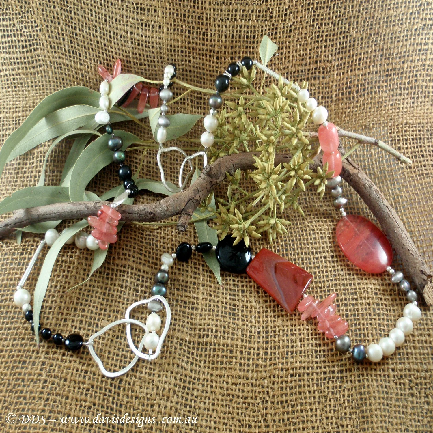 Pink, Grey, Black and White Semi-precious stone necklace (925)