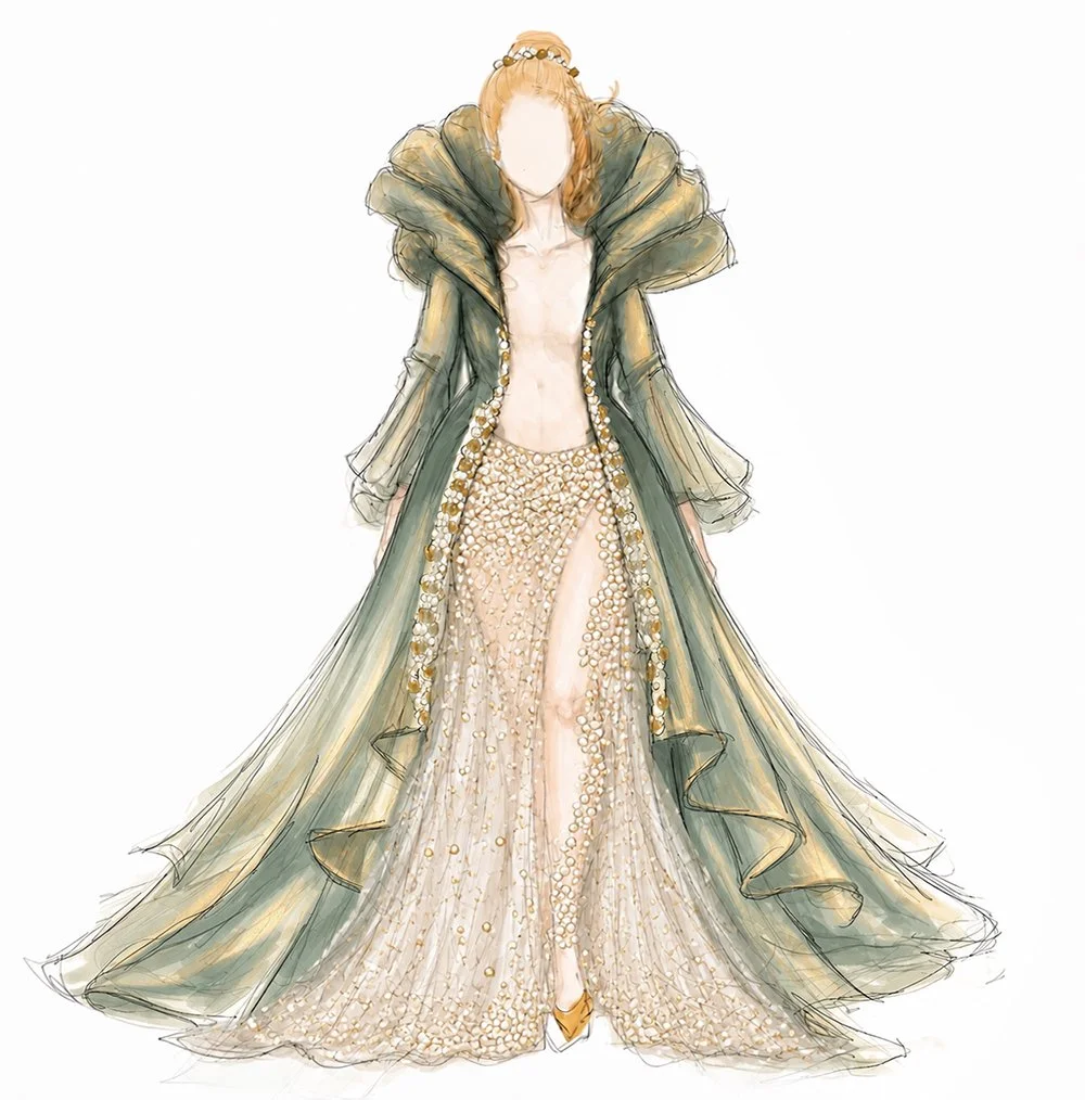 Hybrid between The Pearl and The Boudoir, rough sketch, colored in green and gold with a sheer skirt with excessive pearl detailing.