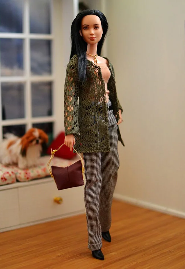 OOAK Made to Move Black Hair Barbie, Eve, Plastically Perfect - OOTD - Forest Green Cardigan 01.jpg