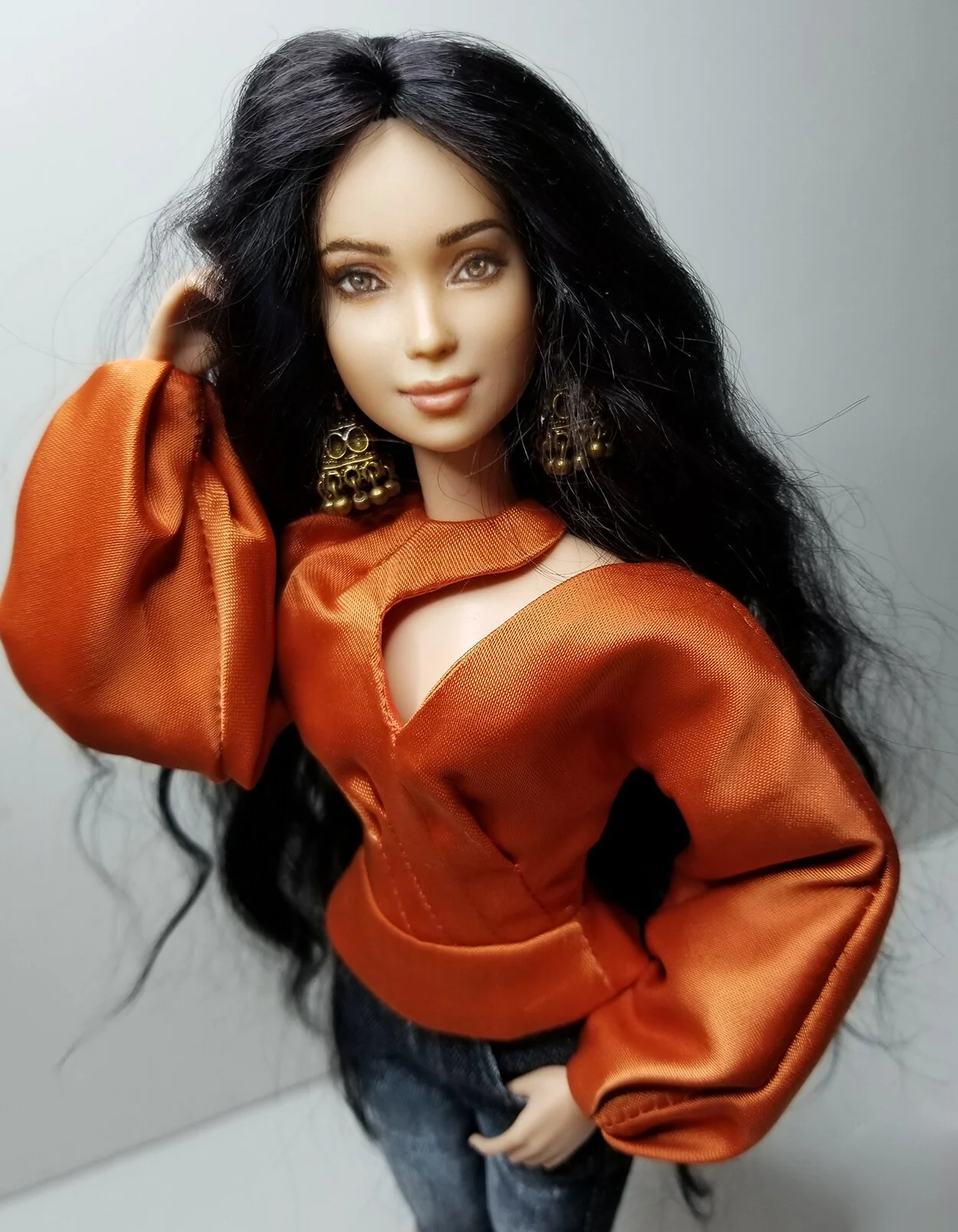 Plastically Perfect - OOAK repainted Made to Move Barbie - Eve - One Hand In Her Hair - Boho Earrings, Denim, Orange Silk Blouse Quarantine Chic 01.jpg