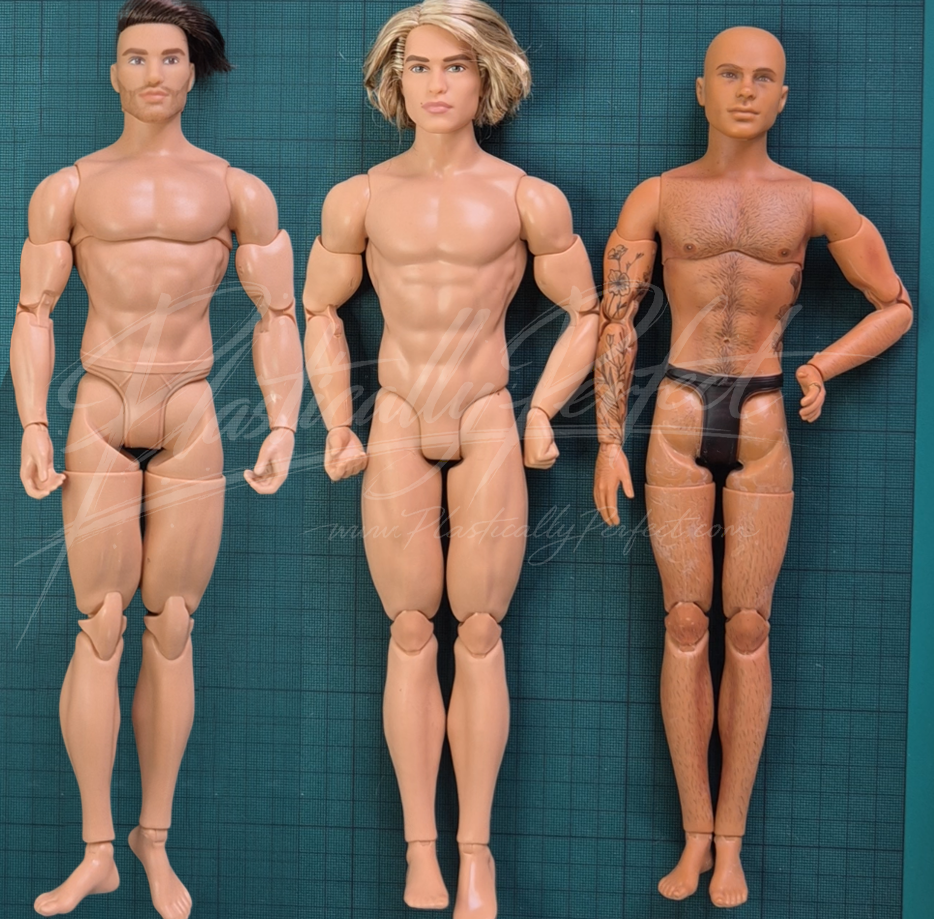 The first doll shown is the "buff" or "muscular" made to move Ken, the middle doll is the He-Man figure, and the third figure is a standard made to move Ken, showing the vast differences in their bodies.