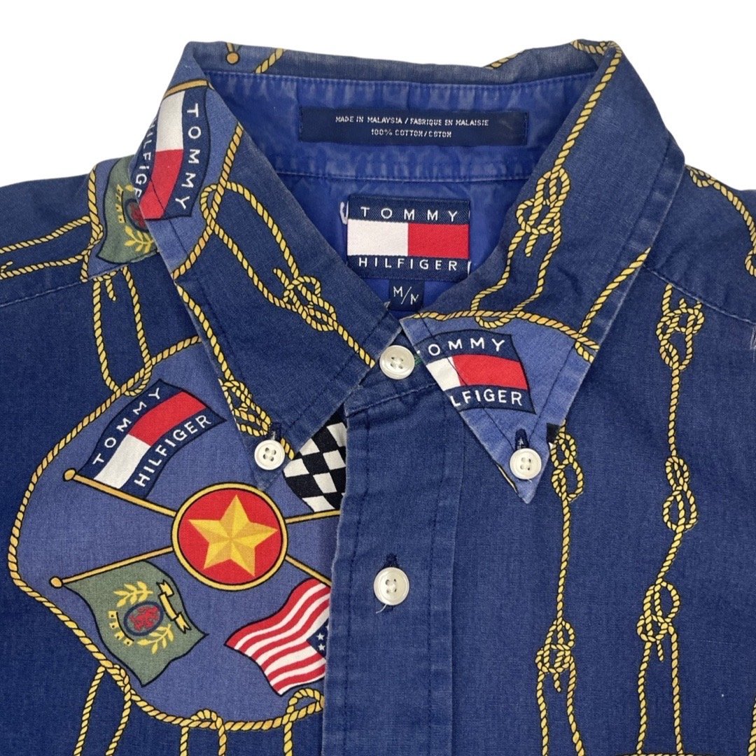 VTG 90s Tommy Hilfiger Button Up Camp Shirt Bowling Loop Collar Navy Blue  Mens L