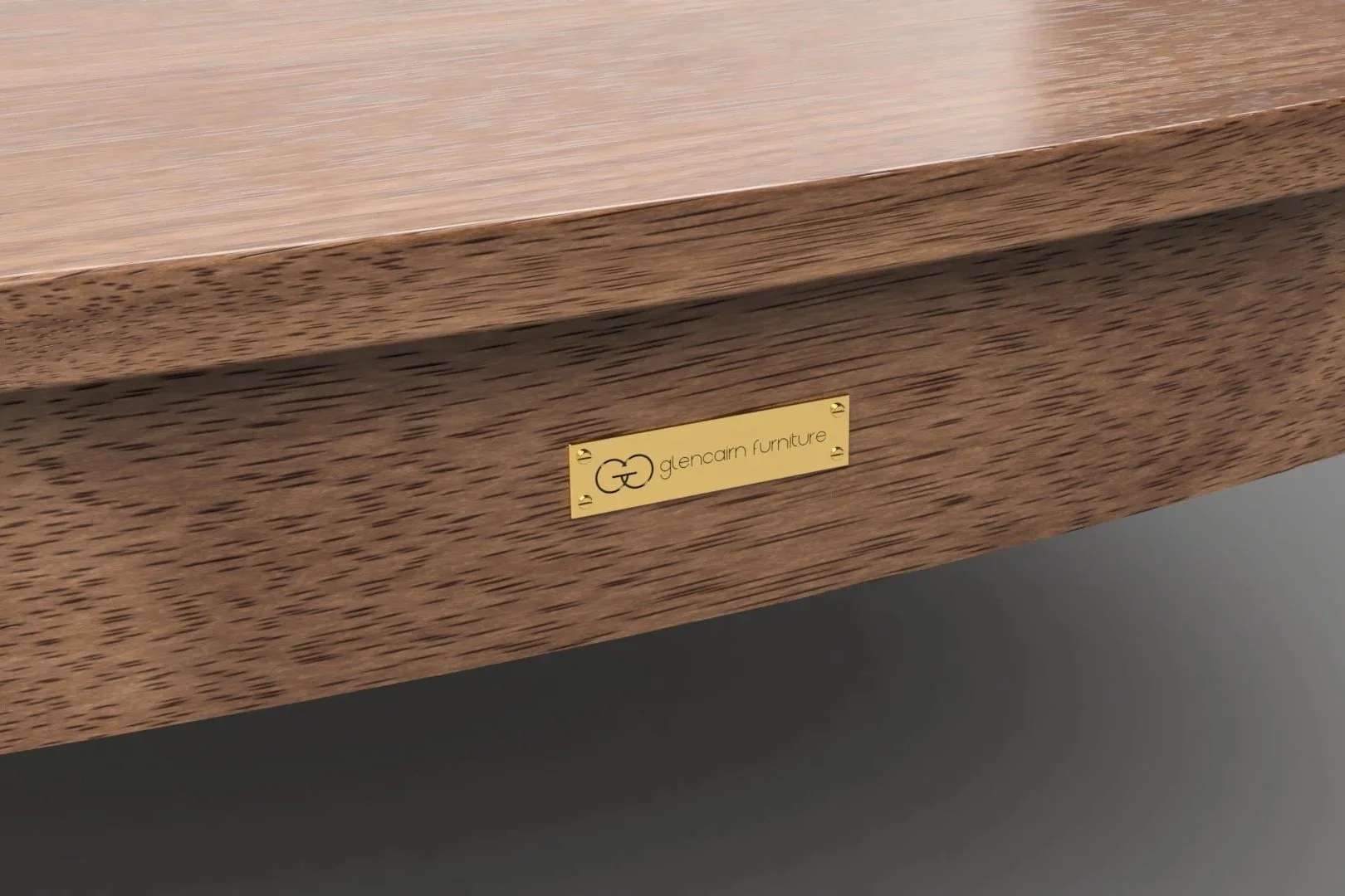 Close up of Telfer coffee table's maker's plate.