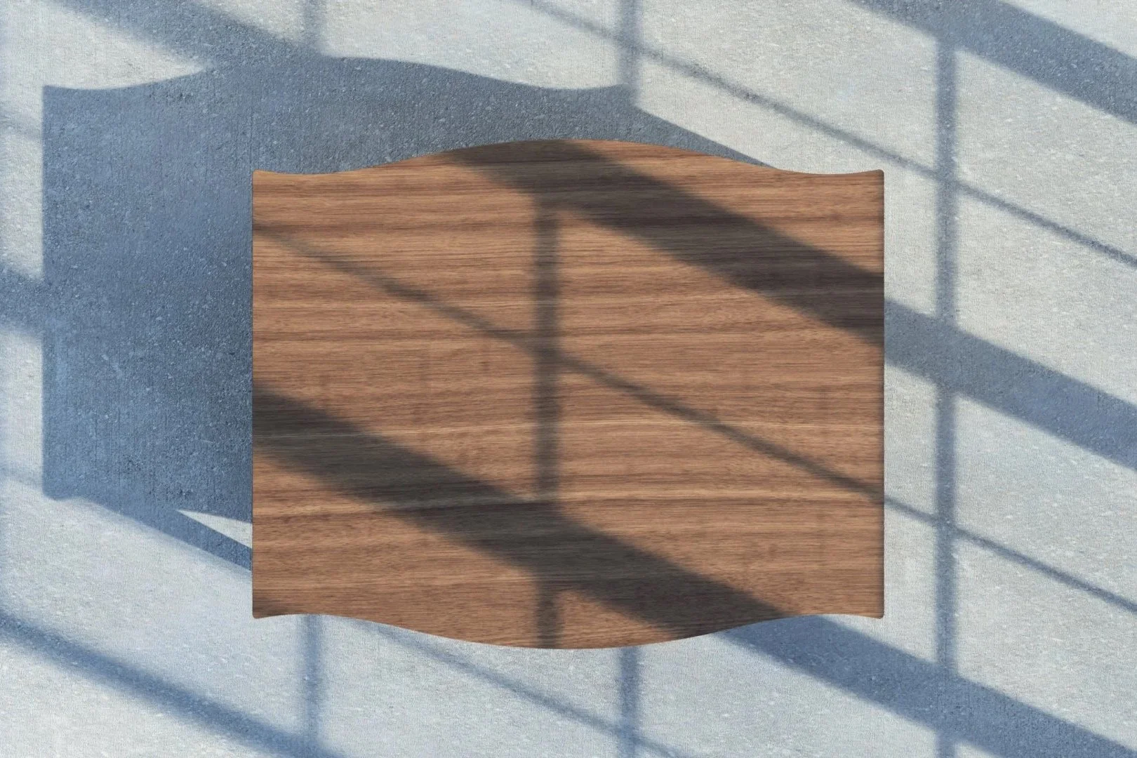 Telfer coffee table in mahogany viewed from above.