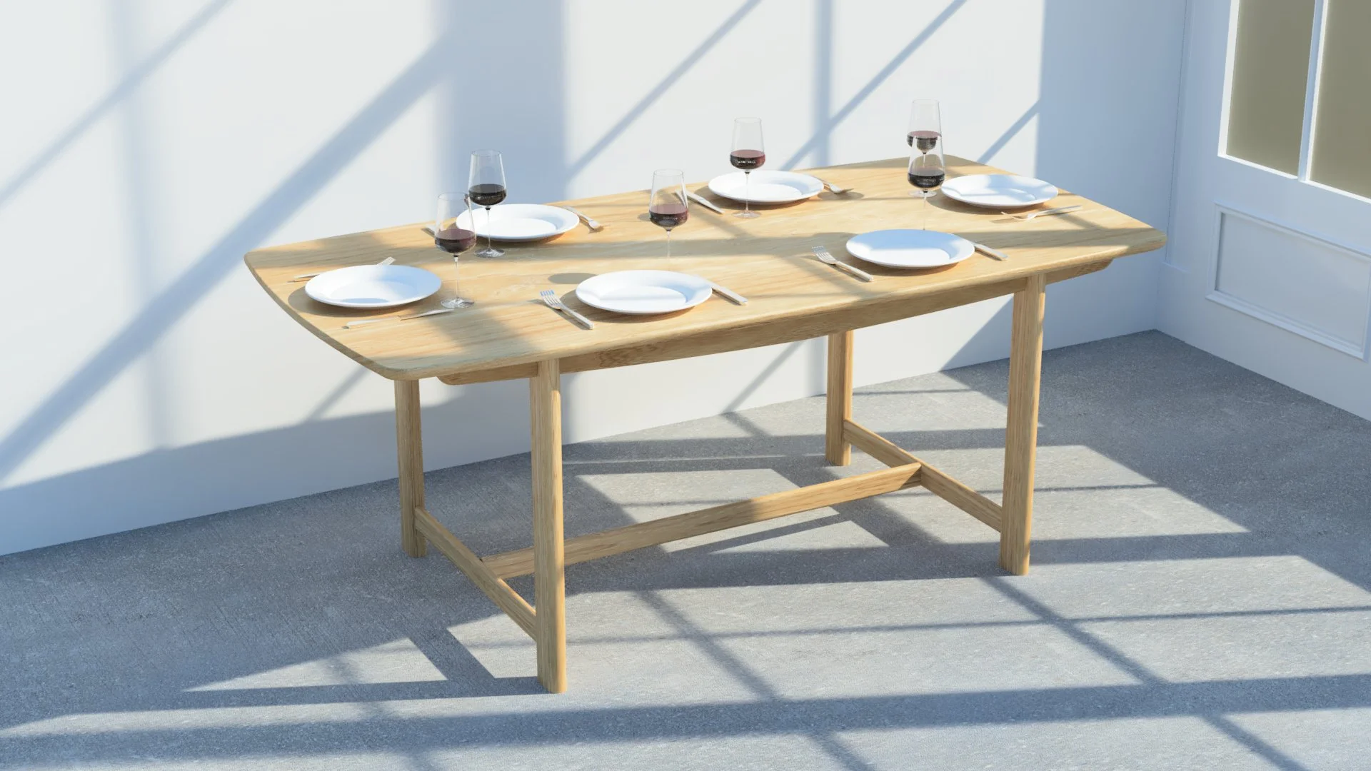Torii Dining Table in solid oak with six place settings.