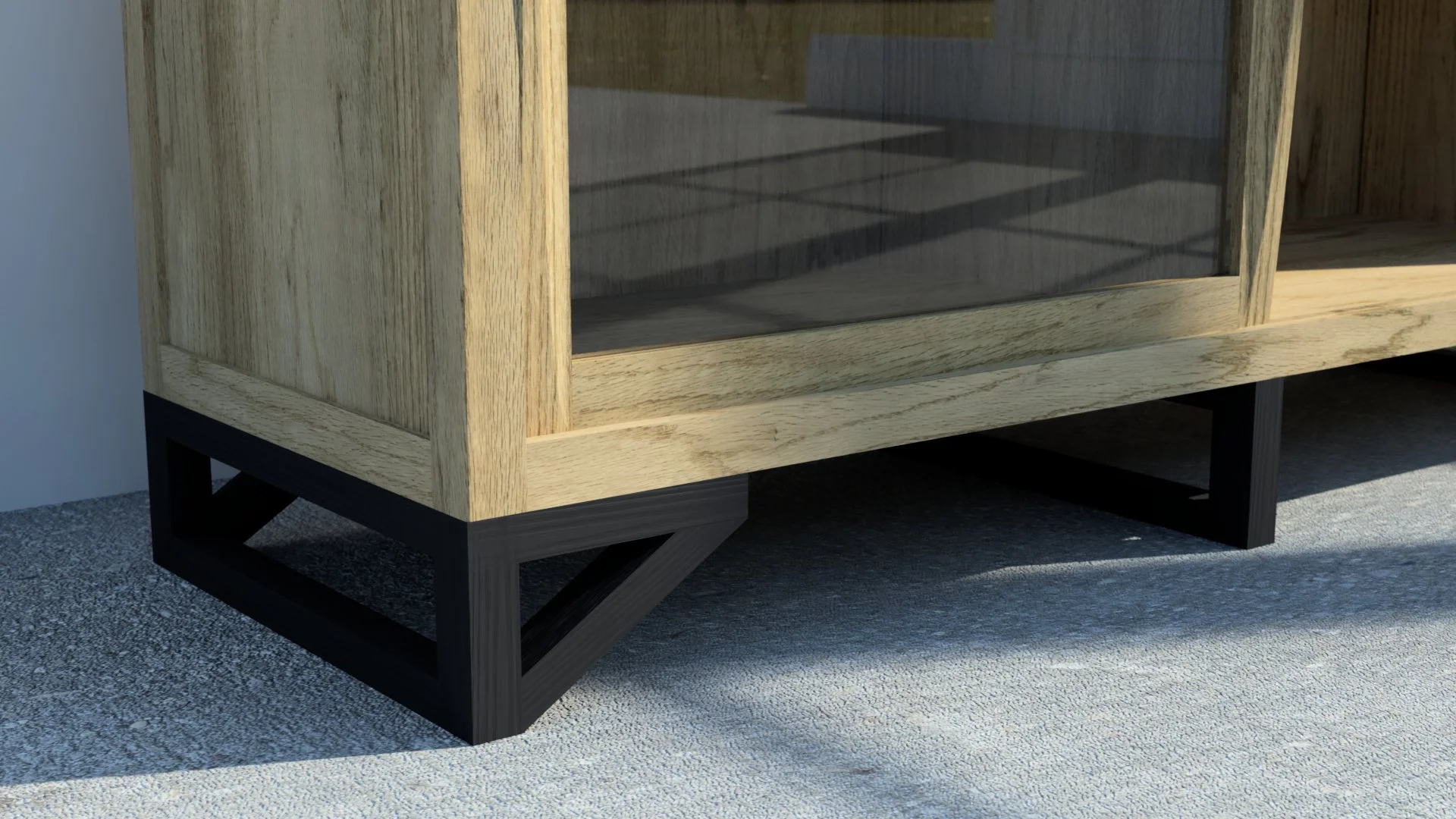 Close up of Glencairn Furniture's oak Molteni Cabinet, highlighting ebonised ash feet