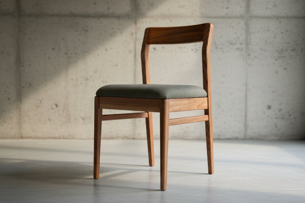 Glencairn Furniture Clava dining chair with concrete backdrop.