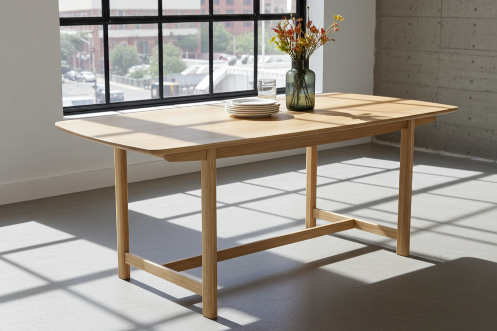 Glencairn Furniture Torii Dining Table in solid oak viewed in a stylish loft apartment.