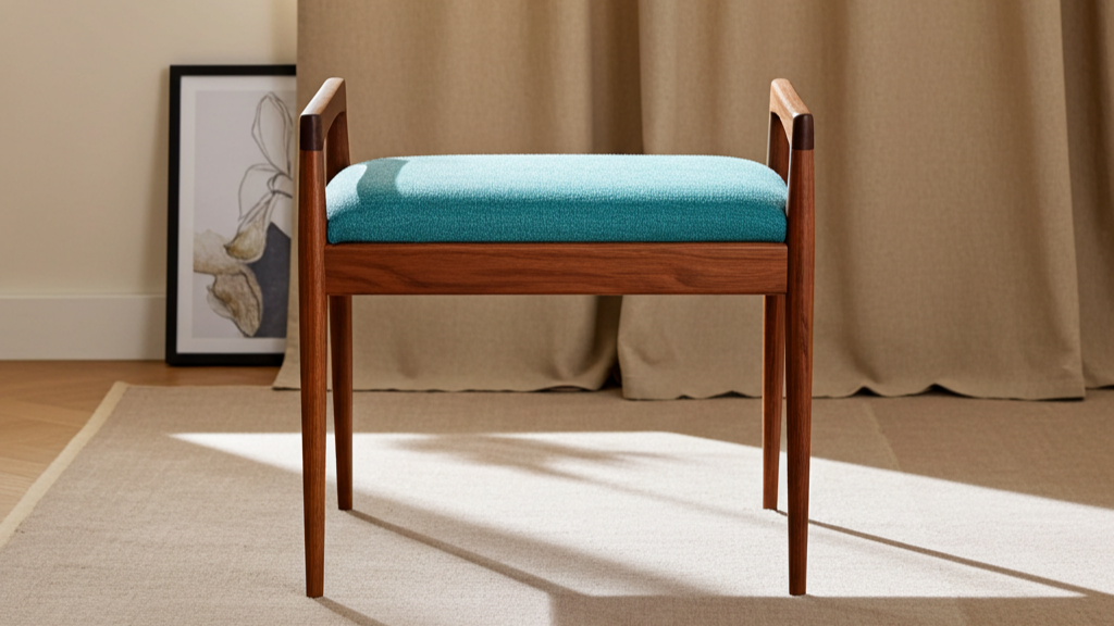 Winzer Footstool handcrafted in solid walnut and upholstered in turquoise wool.