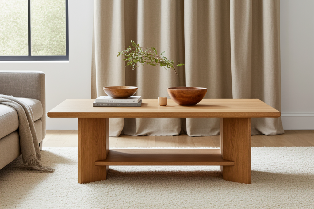 Chevron coffee table in solid oak viewed in front of a curtain.