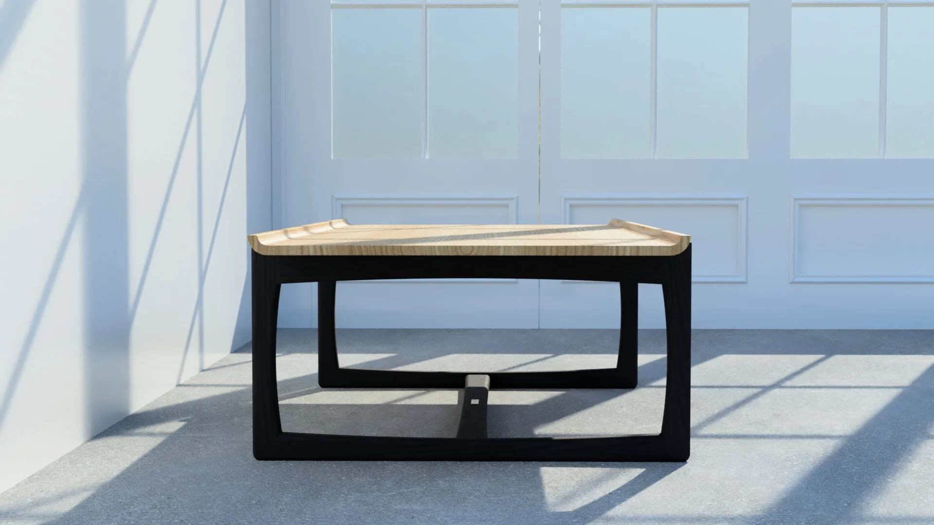 Soulster coffee table with oak top and ebonised ash legs viewed from end.