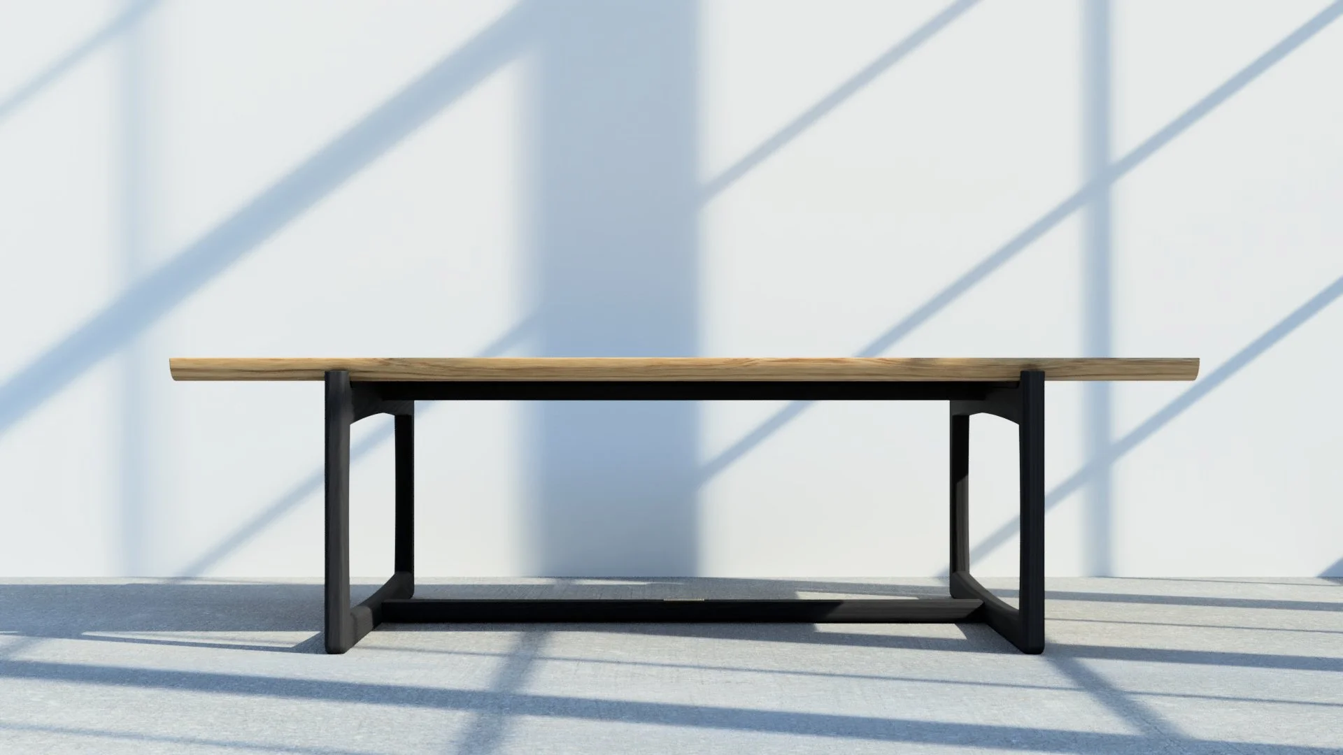 Soulster coffee table with oak top and ebonised ash legs viewed from front.