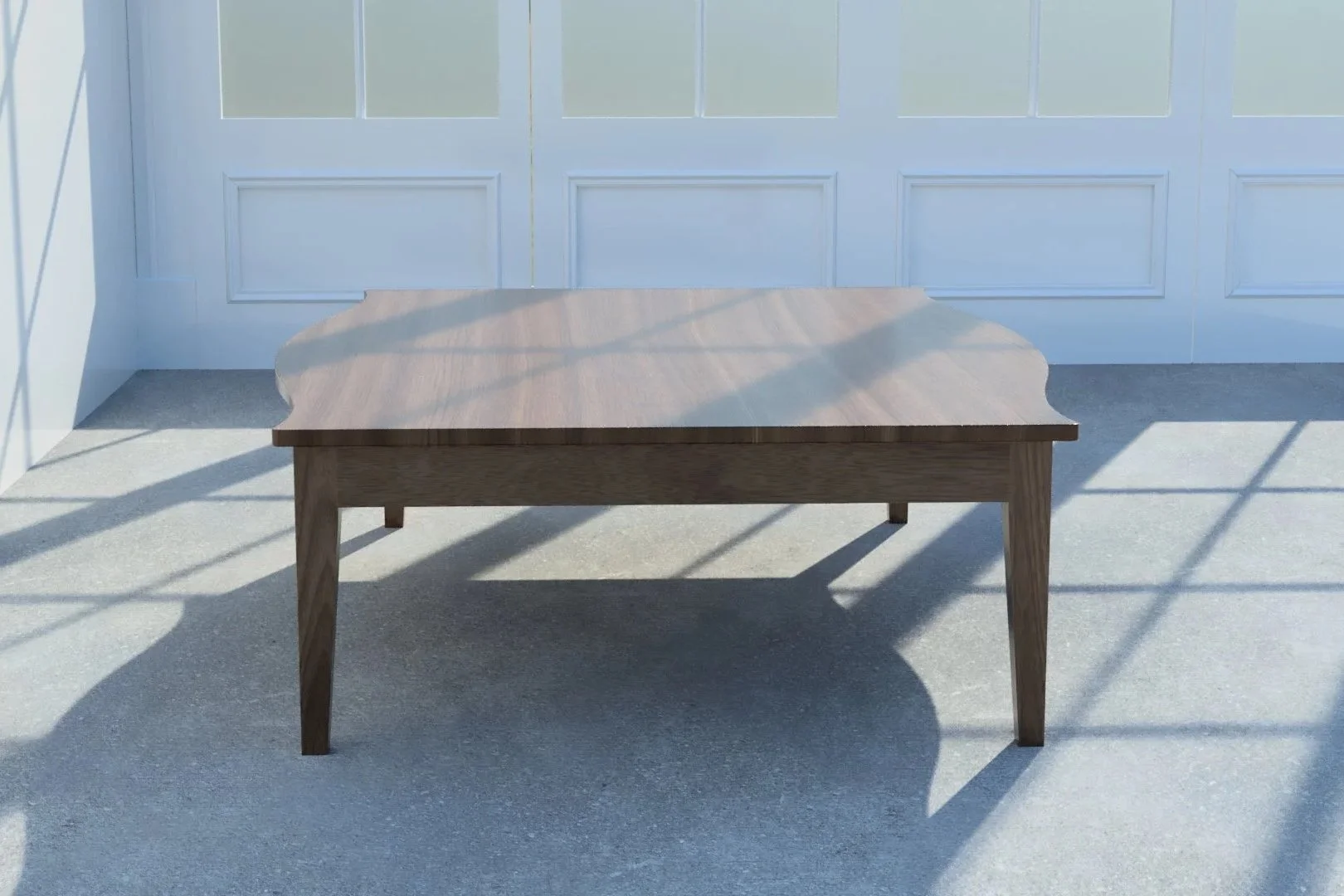 Telfer coffee table in mahogany viewed from the side.