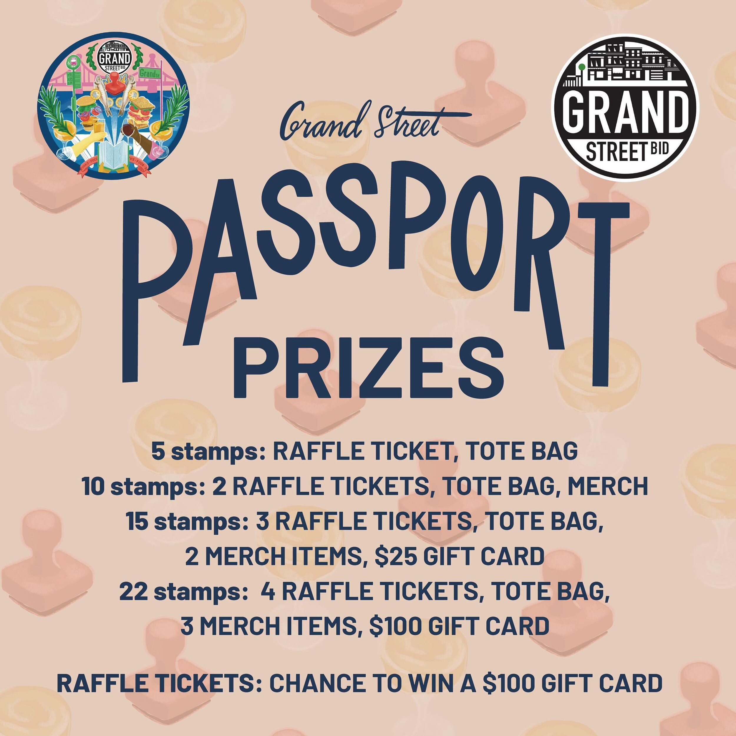 We hope you&rsquo;ve been enjoying your Grand Street Passport so far and racking up stamps at your favorite eateries and bars on Grand Street! We&rsquo;re excited to announce Passport prizes, where you can redeem your stamped passport for prizes:

5 