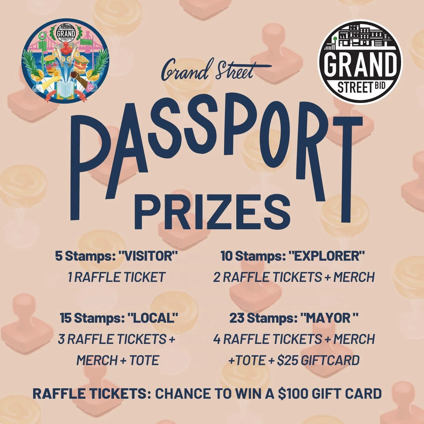 We hope you've enjoyed your Grand Street Passport and racked up stamps at your favorite eateries and bars on Grand Street! We&rsquo;re excited to announce Passport prizes, where you can redeem your stamped passport for prizes: 🎁

5 Stamps: "Vis