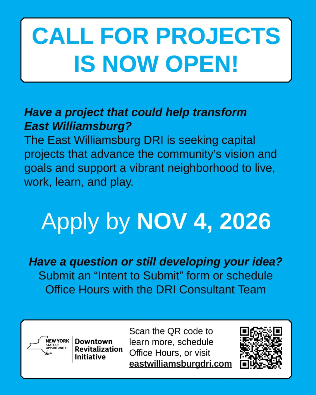 Submit Your Project for East Williamsburg’s DRI Funding by 11/4/26