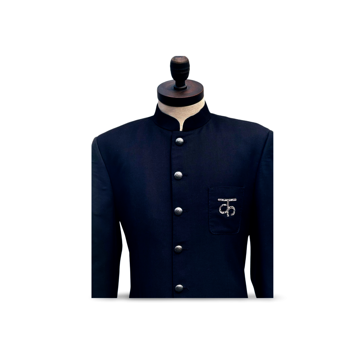 Black Nehru jacket with hand-carved silver buttons — SARAN KOHLI LABEL