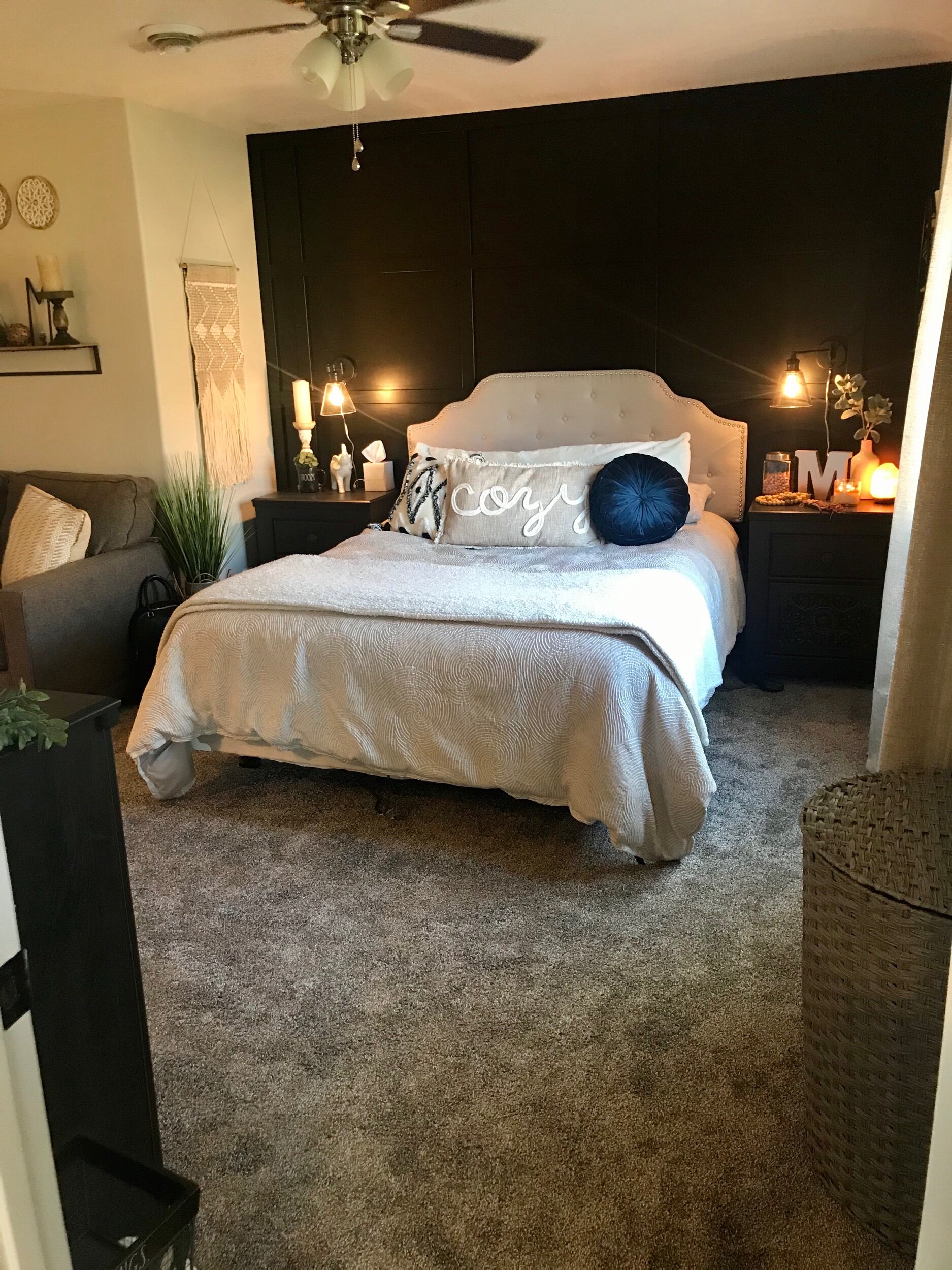 Boho bedroom with black board and batten focal wall