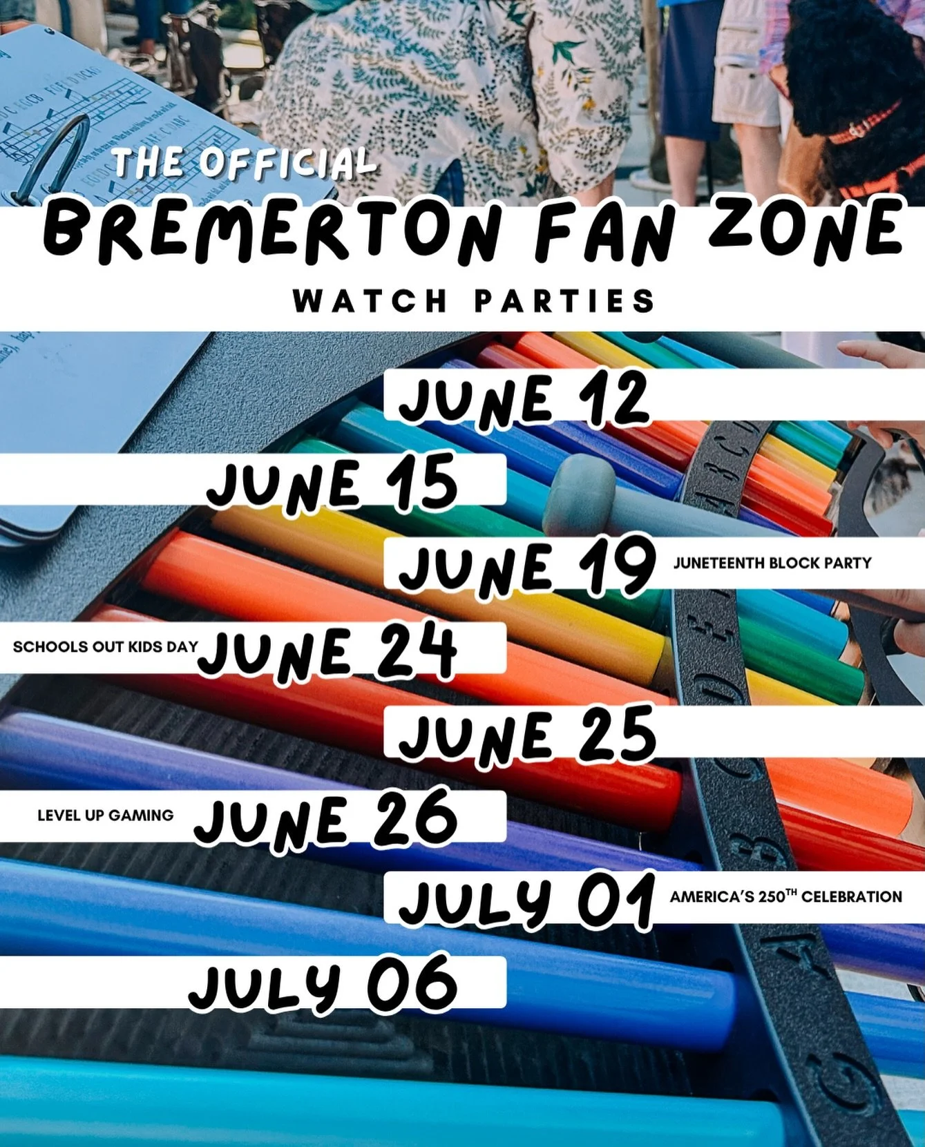 Here are all the Official Bremerton Watch Party dates - they start THIS Friday - June 12th! Grab your crew and come celebrate soccer in @quincy_square! 

JUNE 12 SCHEDULE: 
USA vs Paraguay 
Time: 4-9pm
Match Starts: 6pm
✨ Live Music from Mike Herrera