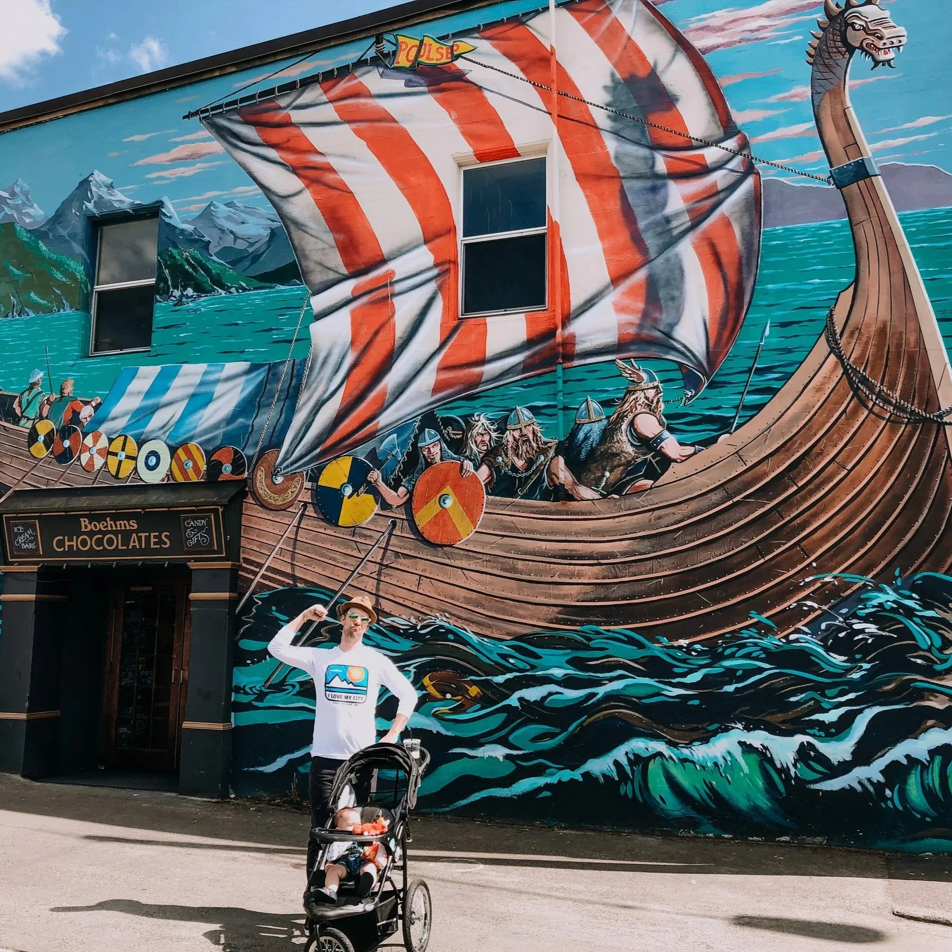 mural of viking pirates sailing into Poulsbo, Washington
