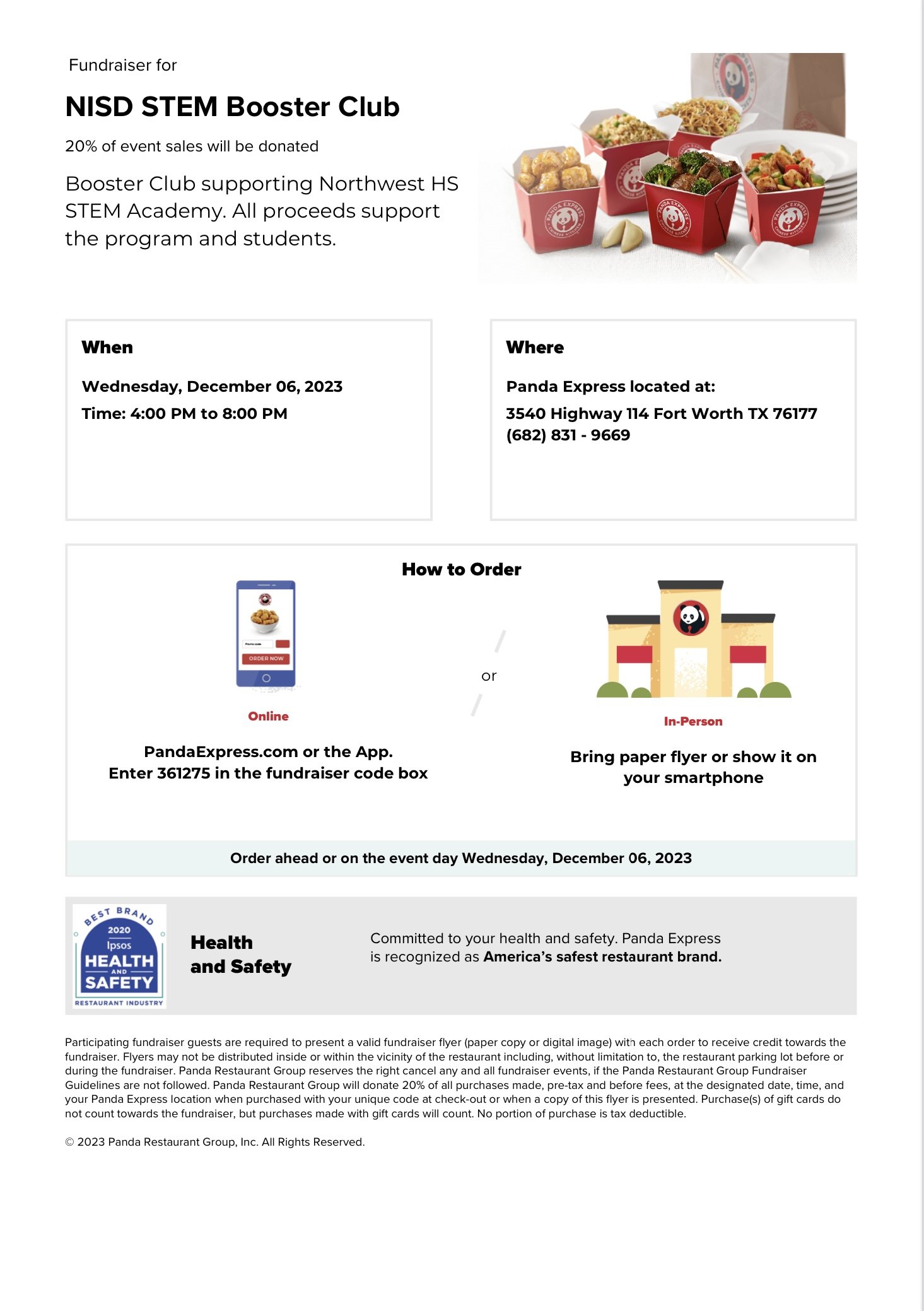 December Spirit Night- Panda Express! 