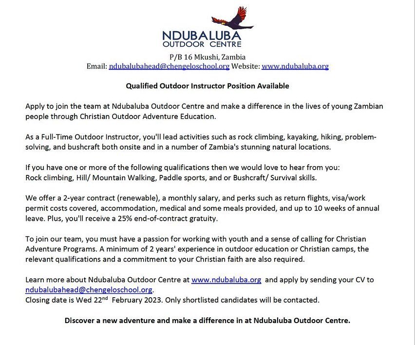 Are you passionate about Jesus, making a difference in young people&rsquo;s lives and have the relevant outdoors qualifications?
Then *apply* to come join the team at Ndubaluba Outdoor Centre from May 2023!

Applications close 22 February 2023

#appl