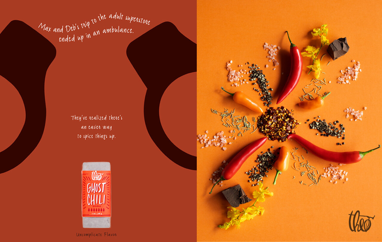 I chose to elaborate on the idea that Theo has flavor profiles within their chocolate that are rare and interesting. I choose to deconstruct the flavor profiles of each chocolate bar from the ad, color palettes and concepts inspired by print. I soug